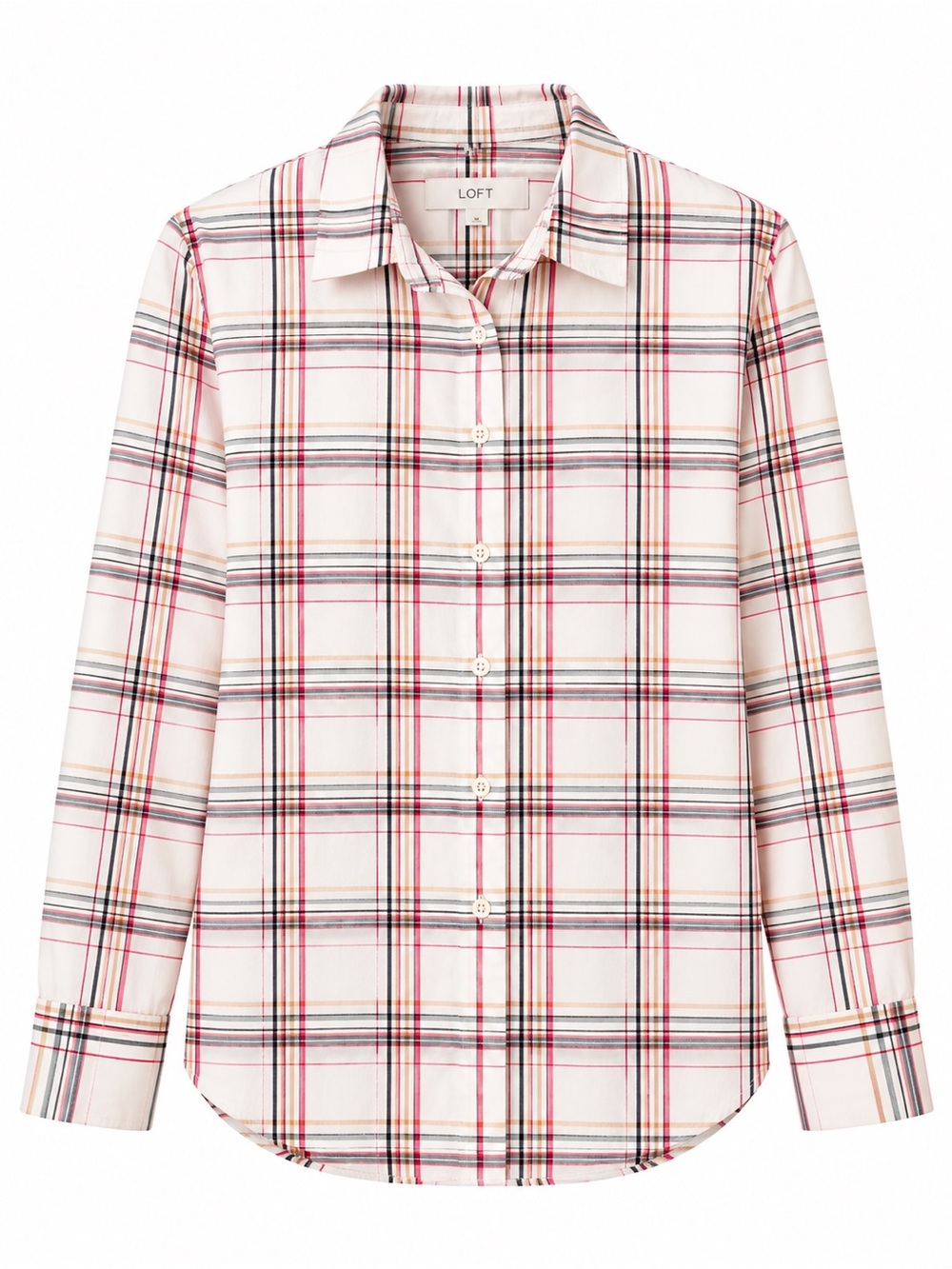 LOFT Cream and Pink Plaid Button-Down Shirt